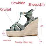 Women's Slope Heeled High Heels Genuine Leather Hemp Soled Thick Sole Sandals12CM Luxury Crystal Party Shoes MartLion   