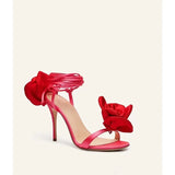  Women's Round Toe Slender High Heel Silk Rose Heel Strap Large Slotted Sandals Occidental Show Banquet Shoes MartLion - Mart Lion