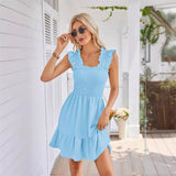 Summer Slim Fit Stretch Dresses Women Ruffle Trim Suspenders Dress Female Waist Pleated Hem Frock Casual Backless Gown MartLion   