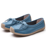 Women Shoes Moccasins Flats Loafers Genuine Leather Slip on Ballet Bowtie MartLion punch off sky blue 35 insole 22.5cm 