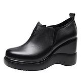 Genuine Leather Women Shoes  Spring Autumn Slip-On High Heels Round Toe Casual Slope Heel Ladies Platform MartLion Black single lining 38 