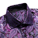Hi-Tie Men's Silk Shirts Jacquard Paisley Floral Long Sleeve Lapel Shirt Blouse Outerwear Wedding Office Breathable MartLion CY-1039 S 
