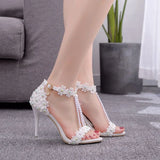 Crystal Queen Women Sandals Flowers Pearl Stilettos Bridal 9cm Evening Party High Heels Bridal Pumps Wedding Shoes MartLion   