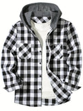 Men's Shirts Classic Plaid Casual Button Down Hooded Long Sleeved Double Pockets Shirt Hoodie Flannel Jacket Tops MartLion LB406-LianMao-baise S 