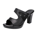 8cm Cutout Mesh Block High Heels Slides Summer Shoes Soft Leather Slippers Platform for Office Work Mom MartLion   