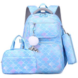 3pcs/Set Fish Scale Print Kid Backpack With Mermaid pendant Girl waterproof School Bag Children Schoolbag  For teenage girls MartLion blue  