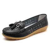 Summer Leather Women's Shoes Moccasins Platform Soft Boat Cutout Flats Casual Low Heel Nurse Lolita MartLion Black 44 insole 27.0cm 