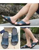 Men's Slippers Summer Genuine Leather Casual Slides Street Beach Shoes Black Cow Leather Sandals Mart Lion   