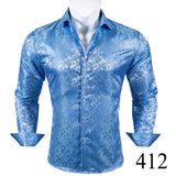 Barry Wang Exquisite Blue Silk Paisley Men's Shirt Four Seasons Lapel Long Sleeve Embroidered Leisure Fit Party Wedding MartLion   