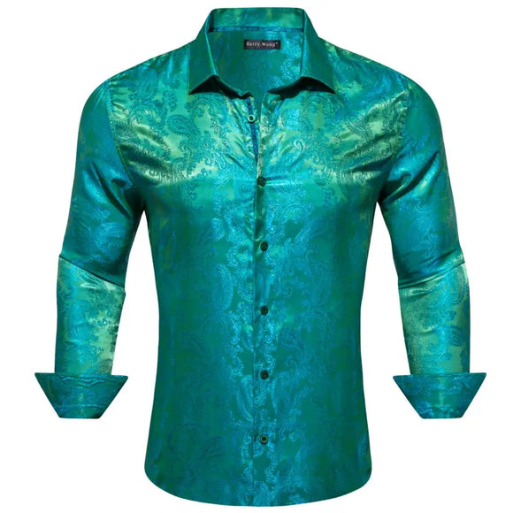  Luxury Shirt Men's Silk Paisley Embroidered Blue Green Gold White Black Teal Slim Fit Male Blouses Long Sleeve Tops Barry Wang MartLion - Mart Lion