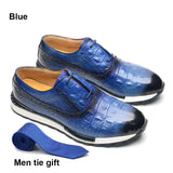 Luxury Men's Casual Shoes Real Cow Leather Crocodile Print Upper Lace-up Sneakers Daily Oxfords MartLion Blue EUR 38 