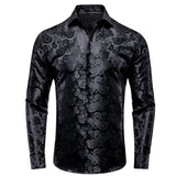 Hi-Tie Jacquard Silk Men's Shirts Lapel Long Sleeve Wedding Shirt Cowboy Blue Gold Green Red White Black MartLion   