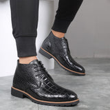 Men's Short Boot Lace-up Crocodile Grain Leather Ankle Martin Casual Shoes High Top Flats Mart Lion   