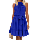 Women's Dress Summer Women's Beach Dress Folded Cake Dress Loose Neck Tie Sleeveless Dress Women's Summer Clothing MartLion Blue XL 