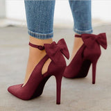 Women Bow Pumps High Heels Pointed Toe Stiletto Pumps Party Black Wedding Shoes Bride Ladies Mart Lion winered 34 