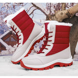 Winter Women's Waterproof Boots Strap Up Flat Heel Boots Warm Snow Shoes, Plush Outdoor Casual Boots MartLion   