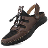 Sandals Men's Summer Outdoor Mesh Splice Leather Luxury Social Shoes Handmade Durable Sole Lace Up Beach MartLion dark brown 38 
