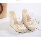 Summer PVC Transparent Peep Toe Cane Straw Weave Platform Wedges Slippers Sandals Women Clear High Heels Female Shoes Mart Lion   