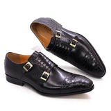 Men's Dress Shoes Genuine Leather Double Buckle Monk Strap Snake Print Cap Toe Classic MartLion Black US 6 