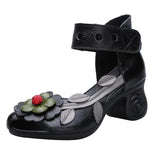 Genuine Leather Retro Style Chunky Heel Sandals Flower Open Toe Handmade Women High-Heeled Shoes MartLion Black 40 