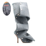  Runway Boots for Women Slim High Heels Pleated Metal Buckle Long Four Season MartLion - Mart Lion