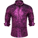 Luxury Gilding Pink Blue Red Paisley Print Silk Dress Shirts for Men's Long Sleeve Social Clothing Tops Slim Fit Blouse MartLion CY-2324 S 