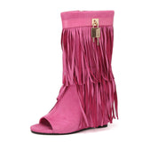 Liyke Peep Toe Pink Tassels Fringe Ankle Boots For Women Spring Autumn Wedge Heels Western Shoes De Mujer Mart Lion   