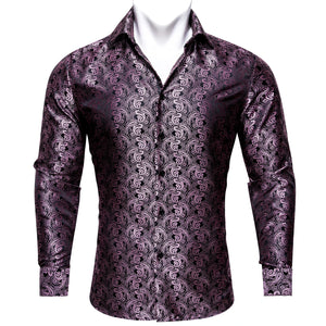 Classic Silk Shirts Men's Brown Paisley Lapel Woven Embroidered Long Sleeve Formal Fit Wedding Barry Wang MartLion   