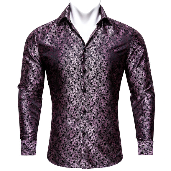  Classic Silk Shirts Men's Brown Paisley Lapel Woven Embroidered Long Sleeve Formal Fit Wedding Barry Wang MartLion - Mart Lion