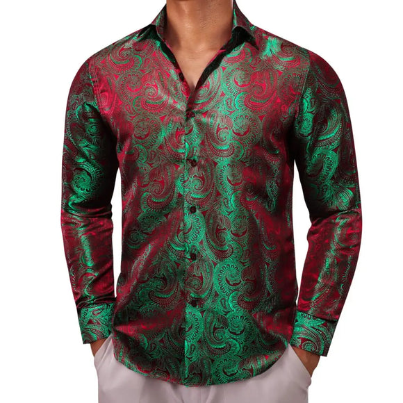  Designer Shirts Men's Silk Long Sleeve Green Red Paisley Slim Fit Blouses Casual Tops Breathable Streetwear Barry Wang MartLion - Mart Lion