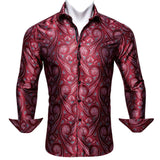 Silk Shirts Men's Red Burgundy Paisley Flower Long Sleeve Slim Fit Blouse Casual Lapel Clothes Tops Streetwear Barry Wang MartLion   