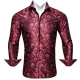 Silk Shirts Men's Red Burgundy Paisley Flower Long Sleeve Slim Fit Blouse Casual Lapel Clothes Tops Streetwear Barry Wang MartLion 0034 S 