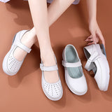 Nurse Shoes Cushion Sole Leather White Women Flats Mary Janes  Ladies Hospital Work Footwear Hook Loop Shallow Spring Hollow out