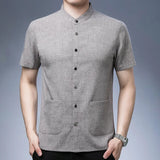 Men's Short-sleeved Seasonal Shirt with Stand Collar Linen Casual Daily Large Pocket Stand Collar Half Sleeve Shirt MartLion Shallow ash 55-65KG40 