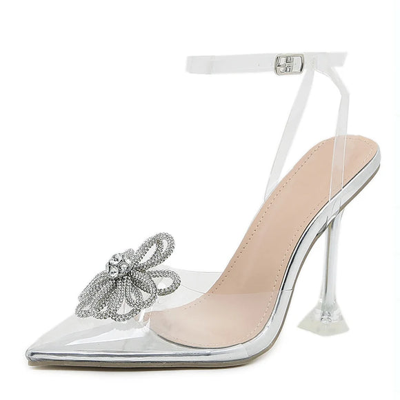 Liyke PVC Transparent Women Pumps Crystal Flowers Pointed Toe Clear High Heels Wedding Prom Shoes Slingback Sandal MartLion Silver 35 