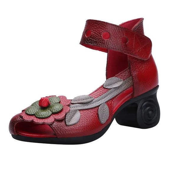 Genuine Leather Retro Style Chunky Heel Sandals Flower Open Toe Handmade Women High-Heeled Shoes MartLion Red 37 