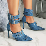 Women's Denim Leather Buckle Single Shoes Slim High Heels Pointed Sandals MartLion Denim Blue 39 