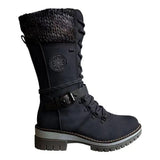 Women Winter Buckle Lace Knitted Mid-calf Boots Low Heel Round Toe Boots Top Winter Warm Boots Women Botas MartLion