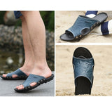 Men's Slippers Summer Genuine Leather Casual Slides Street Beach Shoes Black Cow Leather Sandals Mart Lion   