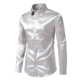 Men's Black Satin  Dress Shirts  Silk Smooth Shirt Solid Wedding Party Prom Casual Shirt  Office MartLion   