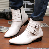 Leather Chelsea Boots Men White Dress Boots Men Casual High top Buckle Strap Formal Shoes Men Motorcycle Boots