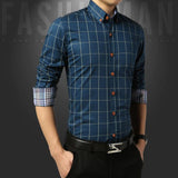 Autumn  Men's Social Shirt Slim Fit Long Sleeve Plaid Cotton Casual Brand Clothes Mart Lion   