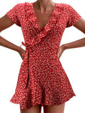 Summer Women’s  Dress Sweet Elegant Floral Ruffles V-neck Bandage Short Dress MartLion Red S 