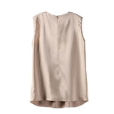 Summer Elegant Sleeveless Satin Shirt Ladies Round Neck Folds All-match Blouse Women Solid Color MartLion   