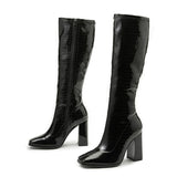 Liyke Black Knee High Boots Women Chunky Heels Casual Winter Motorcycle Long Shoes Square Toe Zip Cool Knight Mart Lion   