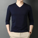 Cotton T-Shirt Men's Plain Solid Color V Neck Long Sleeve Tops Casual Clothing MartLion Navy Blue L 