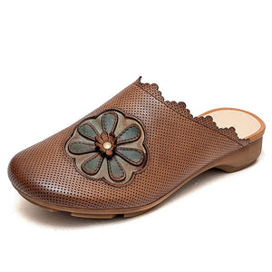 Natural Genuine Leather Ethnic Round Toe Appliques Flower Sandals Flats Summer Slippers Women Rubber Shoes MartLion   