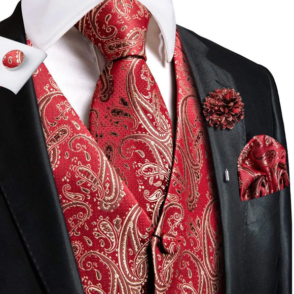  Hi-Tie Silk Vests Jacquard Waistcoat Neck Tie Hanky Cufflinks Brooch Set for Men's Suit Sleeveless Jacket Wedding MartLion - Mart Lion