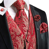 Hi-Tie Silk Vests Jacquard Waistcoat Neck Tie Hanky Cufflinks Brooch Set for Men's Suit Sleeveless Jacket Wedding MartLion MJ-0035-0122 S 