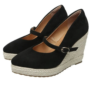 Women Espadrilles Wedge Shoes Spring Autumn Pointed Toe Thick Heel Thick Bottom Straw Mary Jane Heels MartLion Black 40 